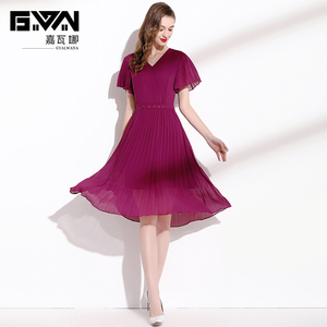 夏季2024新款女装优雅气质V领荷叶袖紫红色雪纺百褶连衣裙显瘦