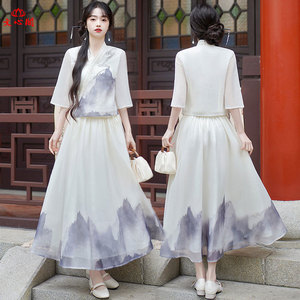 新中式国风时尚套装女夏季新款水墨印花唐装女年轻版汉服禅茶服