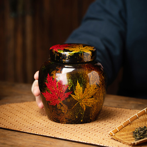福州天然大漆漆器漆画枫叶茶叶罐家用白茶罐储存罐漆器陶瓷密封罐
