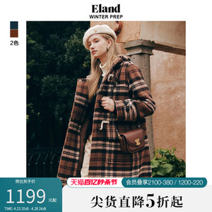 【羊毛系列】Eland衣恋毛呢大衣格纹双面呢牛角扣外套冬新款