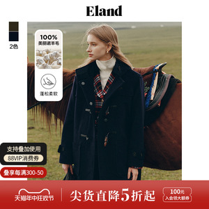 【100%绵羊毛】Eland衣恋格雷系毛呢外套女牛角扣大衣外套冬