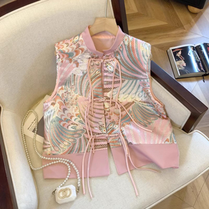粉色新中式国风马甲套装女小个子春款唐装立领缎面衬衣背心两件套