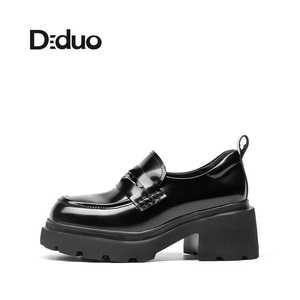 Diduo/迪朵2024春新款黑色小皮鞋增高厚底真皮英伦一脚蹬乐福鞋女