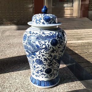 景德镇陶瓷器花瓶大号青花龙纹将军罐瓷瓶仿古家居摆件带盖储物罐