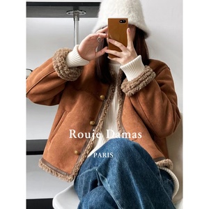 Rouje Damas复古麂皮夹克小个子羊羔毛外套女冬季短款焦糖色上衣