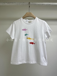现货韩国6PENCE正品代购女2024春季新款彩色小鱼图案简约短袖T恤