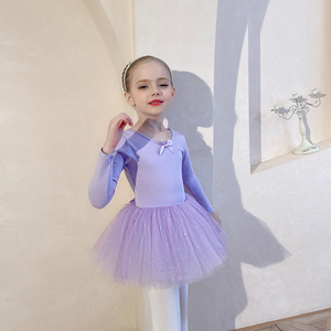 儿童舞蹈服加绒加厚秋冬季纱裙女童练功服中国舞芭蕾舞裙紫色长袖