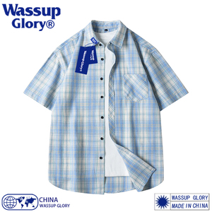 WASSUP GLORY蓝色格子短袖衬衫男夏季休闲高级感条纹衬衣痞帅外套