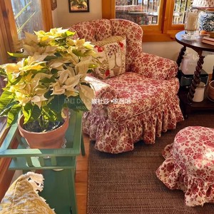 法式复古红色碎花单人沙发椅美式田园客厅高背老虎椅印花布艺沙发