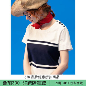 WOKERKER 夏款制服系列复古藏青印花针织短袖背心T恤海军风女上衣