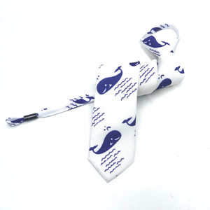 蓝色鲸鱼印花 男士韩版窄领带 6CM亚麻米白色细领带 个性时尚包邮