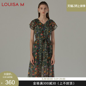 LOUISA M/路逸沙·美夏季新款女装修身深灰绿短袖连衣裙WFN2D07