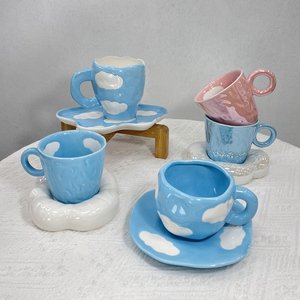 云朵陶瓷马克杯高颜值蓝色复古女生小众设计感高级感咖啡杯子水杯