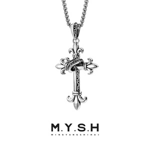MYSH纯银鸢尾花皇冠十字架吊坠项链男女潮高级感复古挂饰原创设计