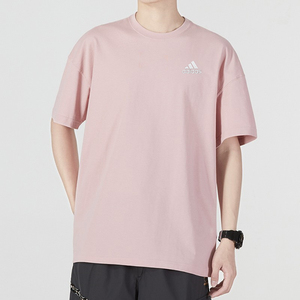 阿迪达斯粉色短袖男2024夏季新款休闲运动服圆领半袖T恤潮HE4355