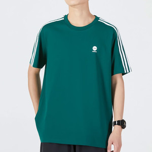 阿迪达斯绿色短袖男装夏季新款运动时尚三条纹圆领透气上衣T恤