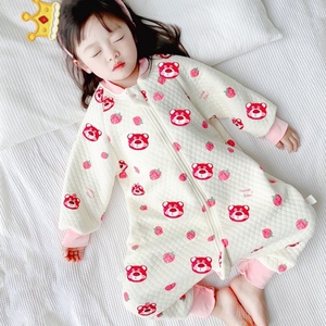 女童睡袋分腿四季通用春秋款婴幼儿宝宝纯棉三层夹丝绵草莓熊睡衣