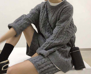 秋冬季新款韩版宽松加厚毛衣+慵懒风半身短裤/裙子针织两件套女装