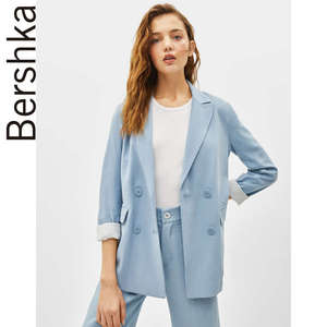 Bershka女士 2019春装新款浅蓝色双排扣西装休闲外套