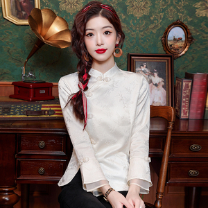 新中式女装春季国风盘扣小衫缎面真丝长袖白色衬衫高级感气质上衣