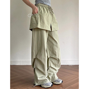 美式高级感卡其绿色工装裤子女2024小众设计感松紧腰假两件速干裤