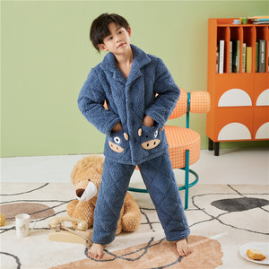 欧卡拉男生儿童套装睡衣冬季新款加厚保暖珊瑚绒夹棉帅气可爱男孩