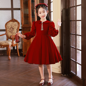 女童礼服公主裙高端小女孩红色儿童长袖主持人钢琴演奏演出服洋气