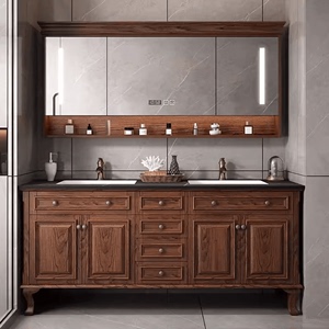美式红橡木岩板浴室柜组合卫生间洗漱台实木落地式智能双盆卫浴柜