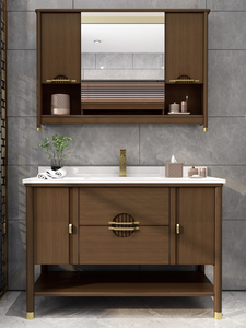 新中式浴室柜组合实木落地洗手池洗脸盆柜卫生间洗漱台大理石台面