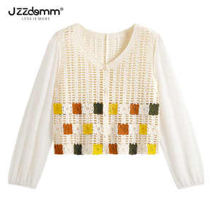 九州诚品/JZZDEMM彩色方块镂空纹路拼接雪纺袖针织开衫女薄款上衣