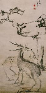GQR11清朱耷松树双鹿图纸本182x91.4超高清电子版国名画图片素材