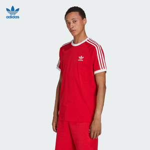 Adidas阿迪达斯三叶草短袖男女同款圆领红色三条纹运动T恤IA4852