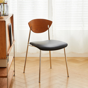 中古侘寂风复古餐椅不锈钢家用ins实木靠背网红轻奢设计师款椅子