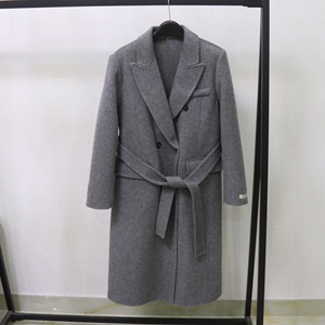 韩国高端驼色修身双面羊毛羊绒大衣西装领系带中长款毛呢外套女