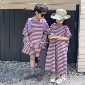 儿童兄妹装韩版夏款男童短袖短裤两件套棉女童紫色条纹长款T恤裙5