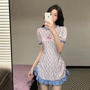 韩国新款甜美少女风迷雾蓝连体裙式短袖卡通印花收腰保守遮肚泳衣