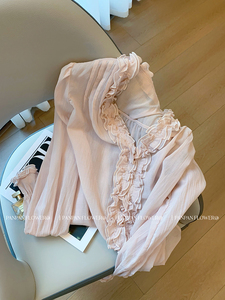 法式超仙粉色花边衬衫女夏季小众气质高级感别致好看重工韩系上衣