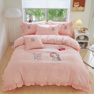 全棉床单被套儿童卡通四件套1.5床笠小女孩公主纯棉粉色床上用品