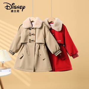 Disney迪士尼女童红色外套秋冬冬装加绒加厚中大童儿童派克服大衣