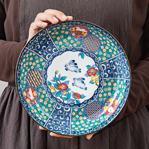 千代源锦花兔子盘子碗餐具日本进口九谷烧风家用陶瓷饭碗菜盘餐盘