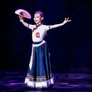儿童藏族表演服舞蹈服装演出服藏服女童拉岗踏歌热巴鼓帽子头饰