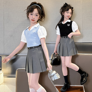 女童洋气套装夏季2024新款炸街时髦学院风jk制服裙子短袖校园班服