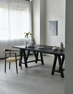 北物 侘寂风碳化黑色实木餐桌复古原木大板桌工作台泡茶桌木桌子