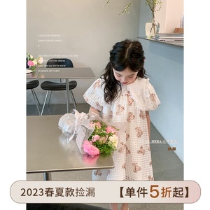 女童白色萌趣小熊印花纱裙连衣裙2023夏季新款韩版洋气短袖公主裙