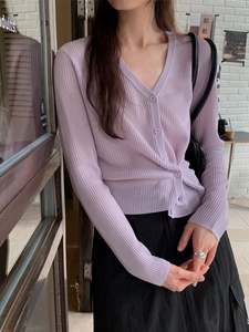韩系斜襟v领亚麻冰丝针织开衫女2024年春季新款显瘦防晒衣外套衫