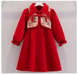 女童汉服冬季加绒红假两件马甲儿童连衣裙秋冬款唐装中国风公主裙