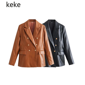 keke欧美女装 秋季新款百搭翻领金属纽扣双排扣中长仿皮西装外套