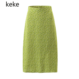 keke欧美女装 田园度假风碎花半身裙高腰显瘦牛油果绿法式中长裙