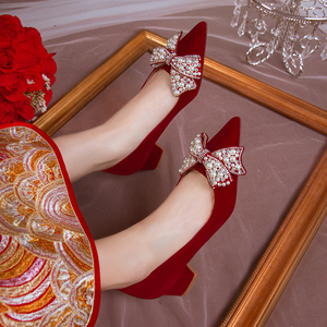 婚鞋新娘鞋法式2024年春季新款粗跟秀禾婚纱两穿红色高跟鞋女结婚