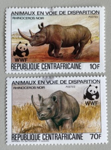 中非邮票 1983年 WWF 动物 黑犀牛 新票MNH 斯目3.5美金 瑕疵!